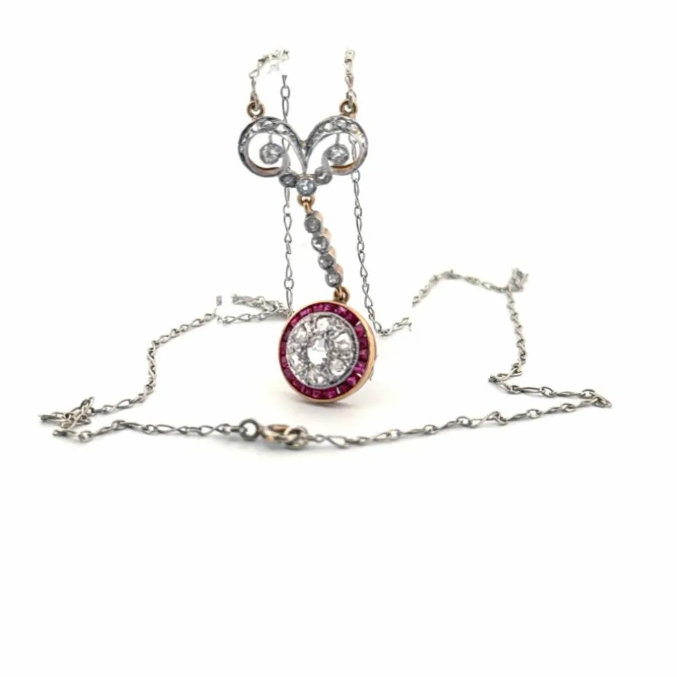 Collier Vintage Or Jaune Diamants & Rubis