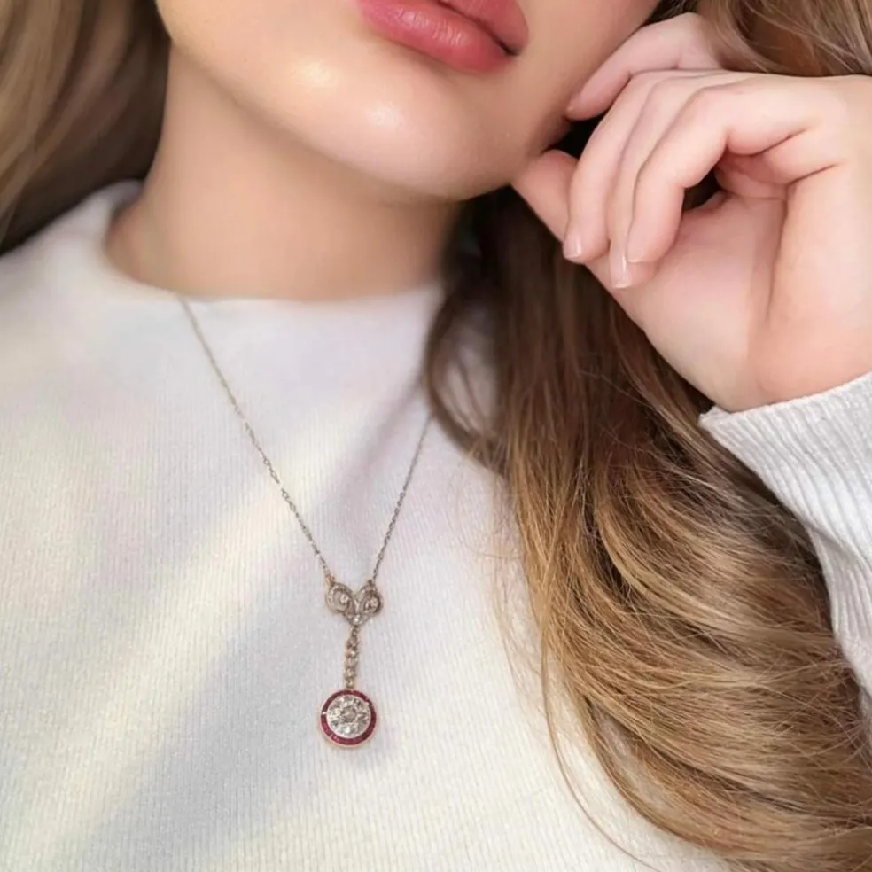 Collier Vintage Or Jaune Diamants & Rubis