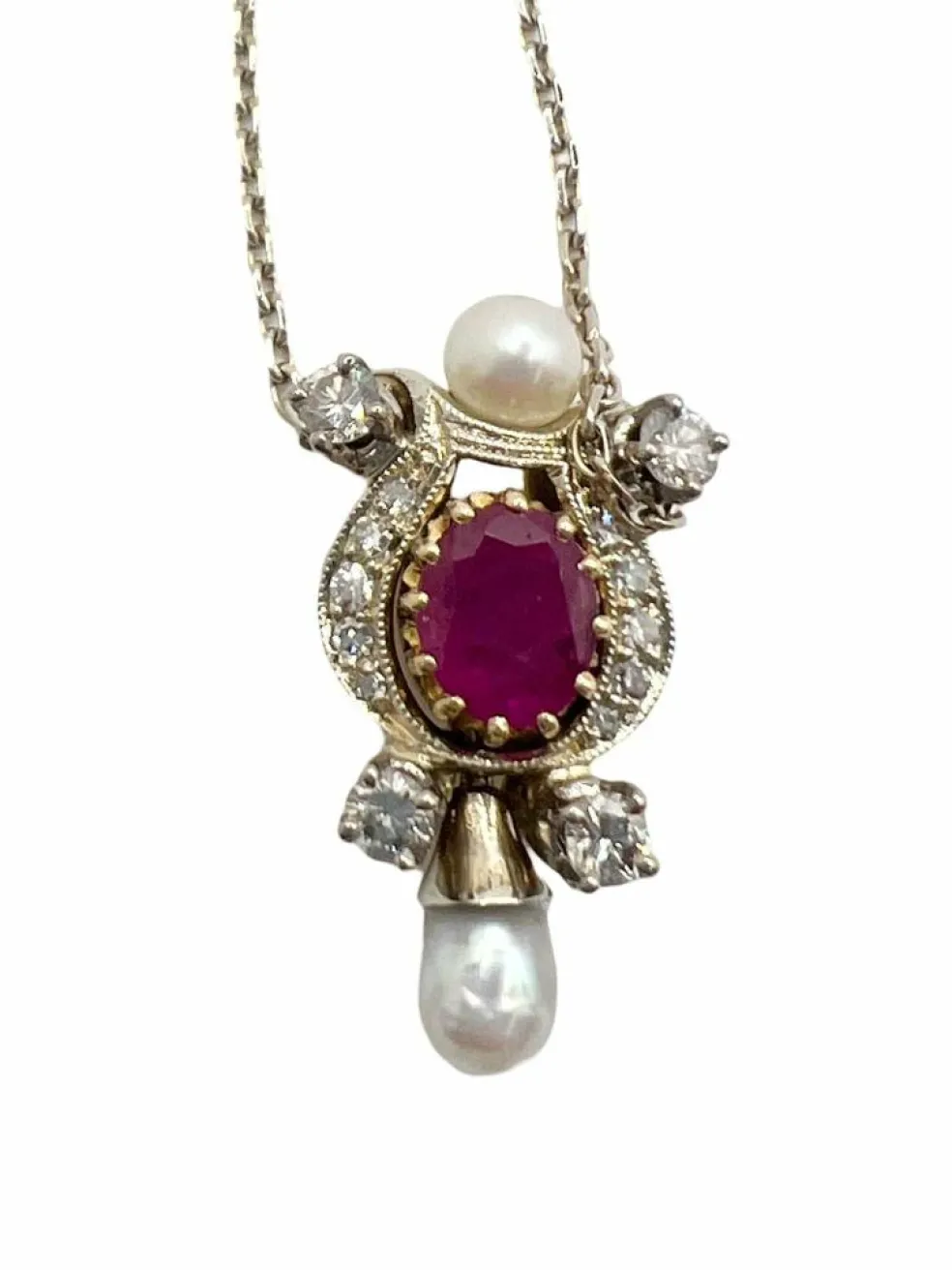 Collier vintage or perle et rubis