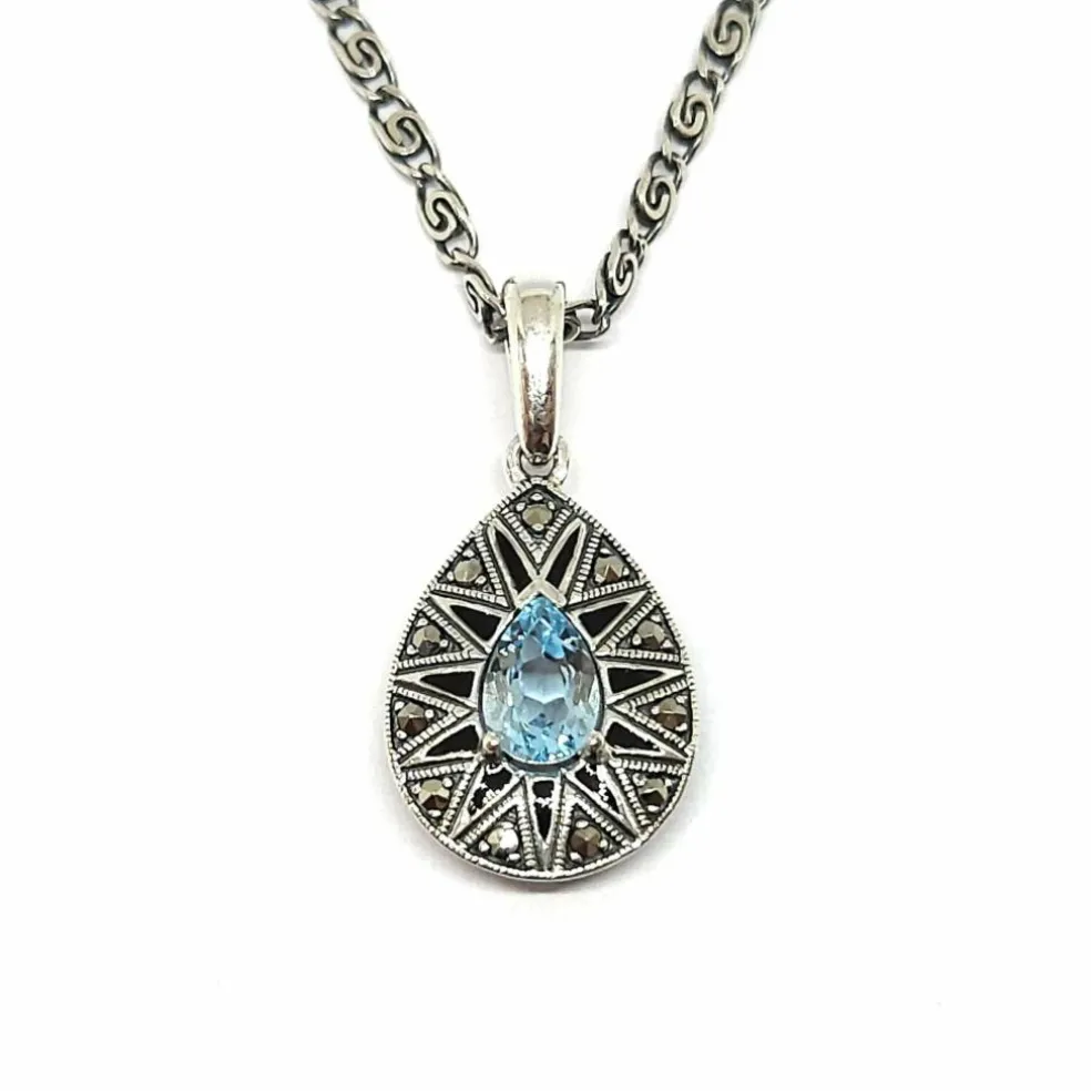 Collier vintage topaze bleue émail argent