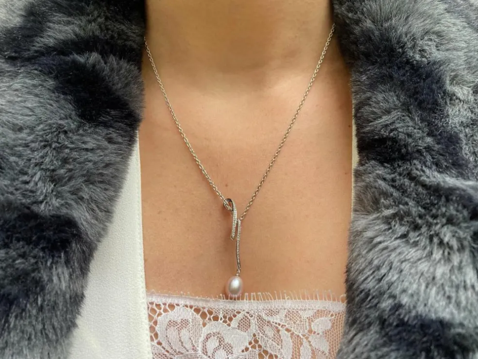 Collier "Yam" Or blanc Perle et Diamants