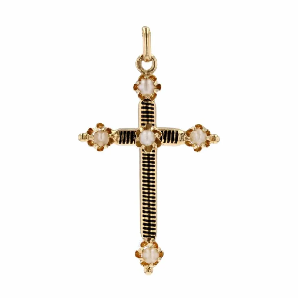 Croix ancienne émail noir perles fines et sa chaine