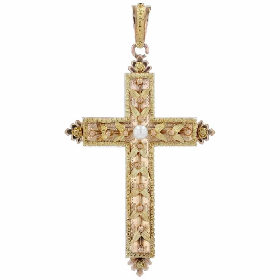 Croix ancienne perle ors vert et rose
