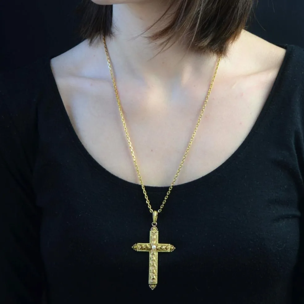 Croix ancienne perle ors vert et rose