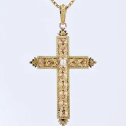 Croix ancienne perle ors vert et rose