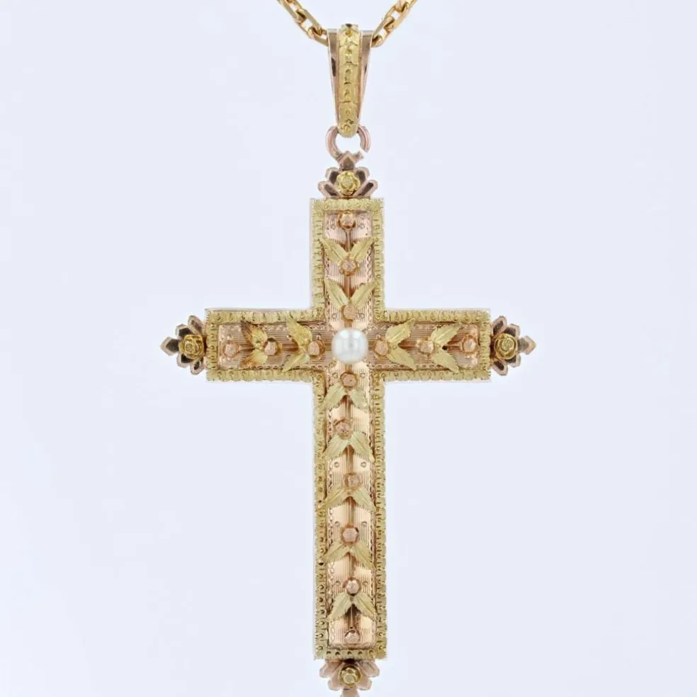 Croix ancienne perle ors vert et rose
