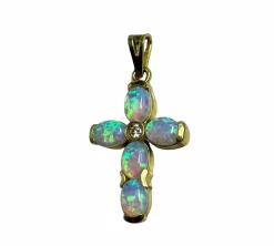 Croix moderne avec opales arlequin et diamant