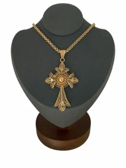 Crucifix portugais traditionnel fabriqué main, chaîne or jaune