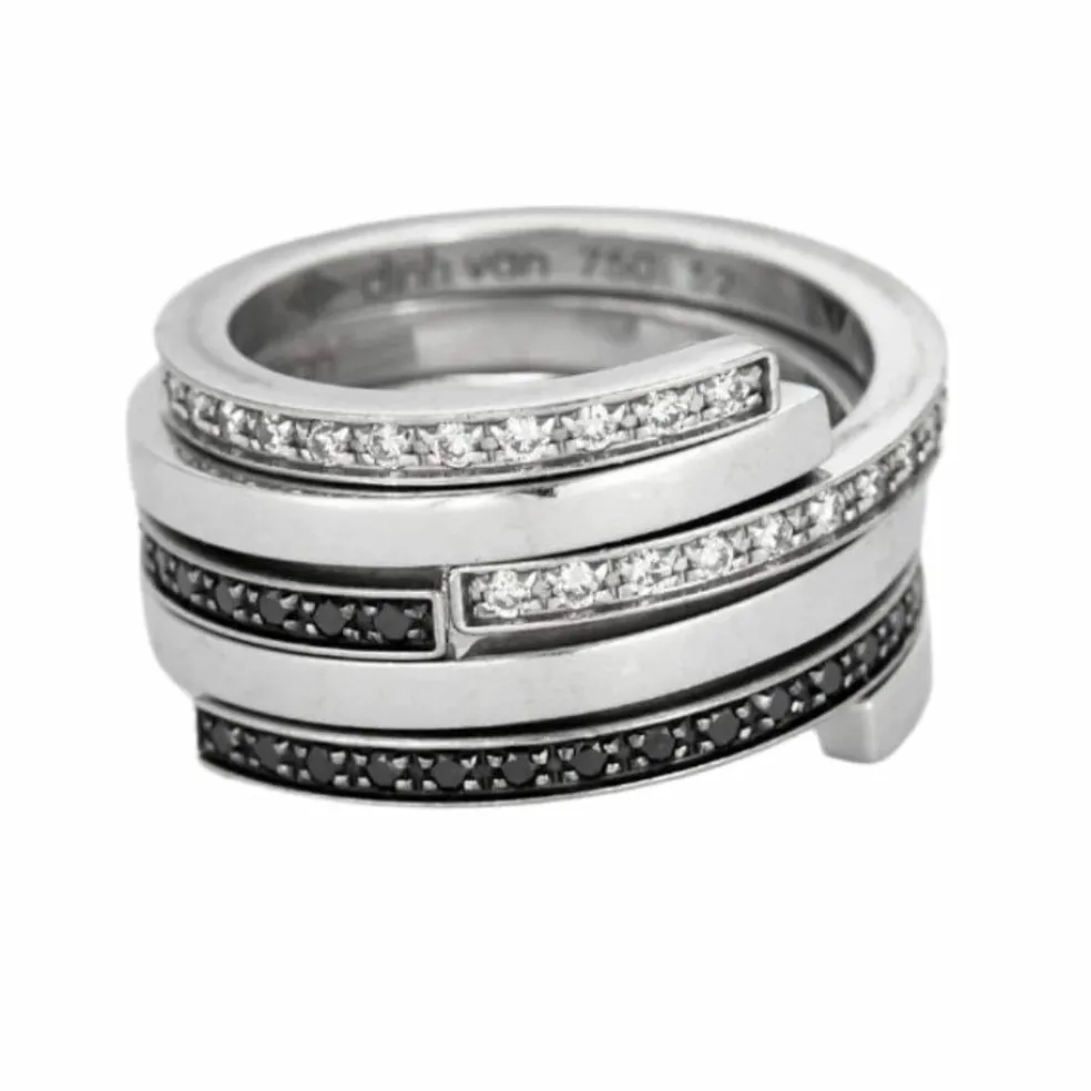 DINH-VAN - Spirale - Bague or blanc, diamants noirs et diamants