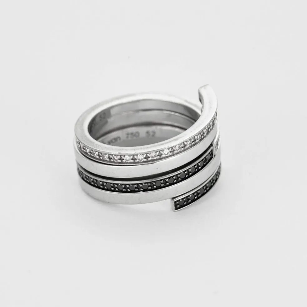 DINH-VAN - Spirale - Bague or blanc, diamants noirs et diamants