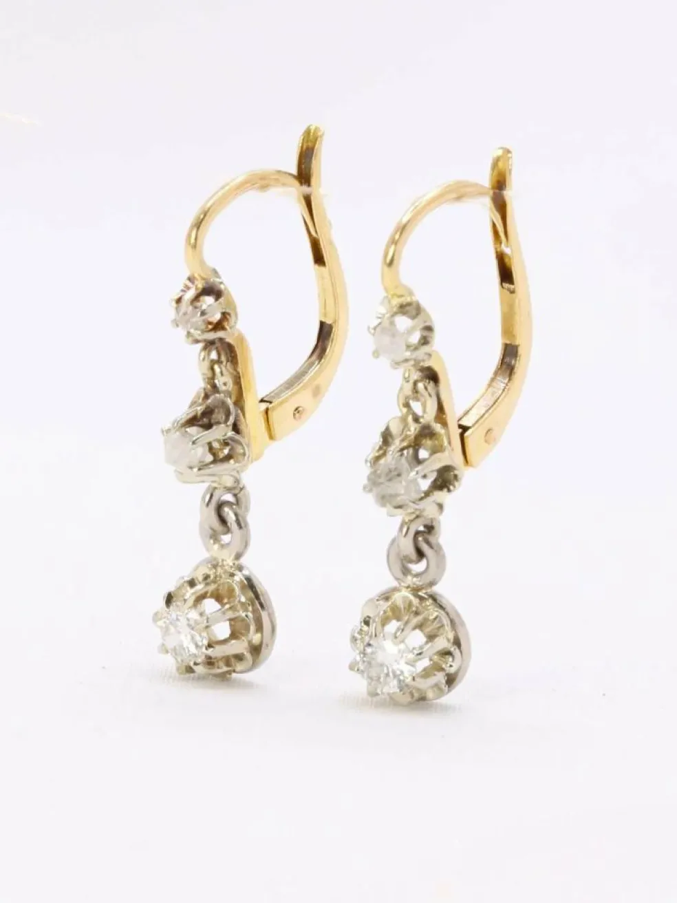 Dormeuses anciennes or jaune platine diamants Old Single Cut