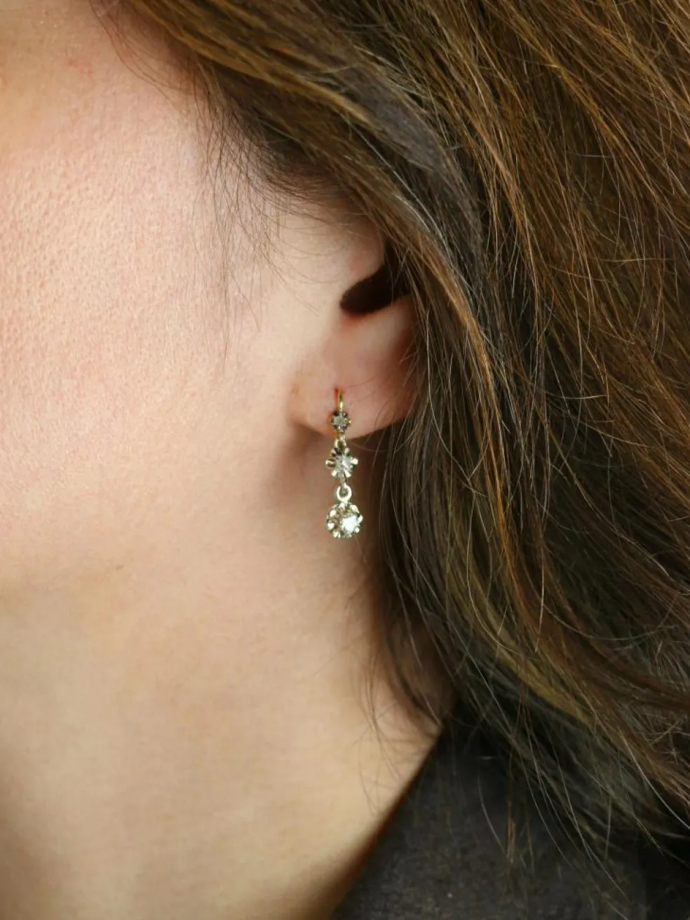 Dormeuses anciennes or jaune platine diamants Old Single Cut
