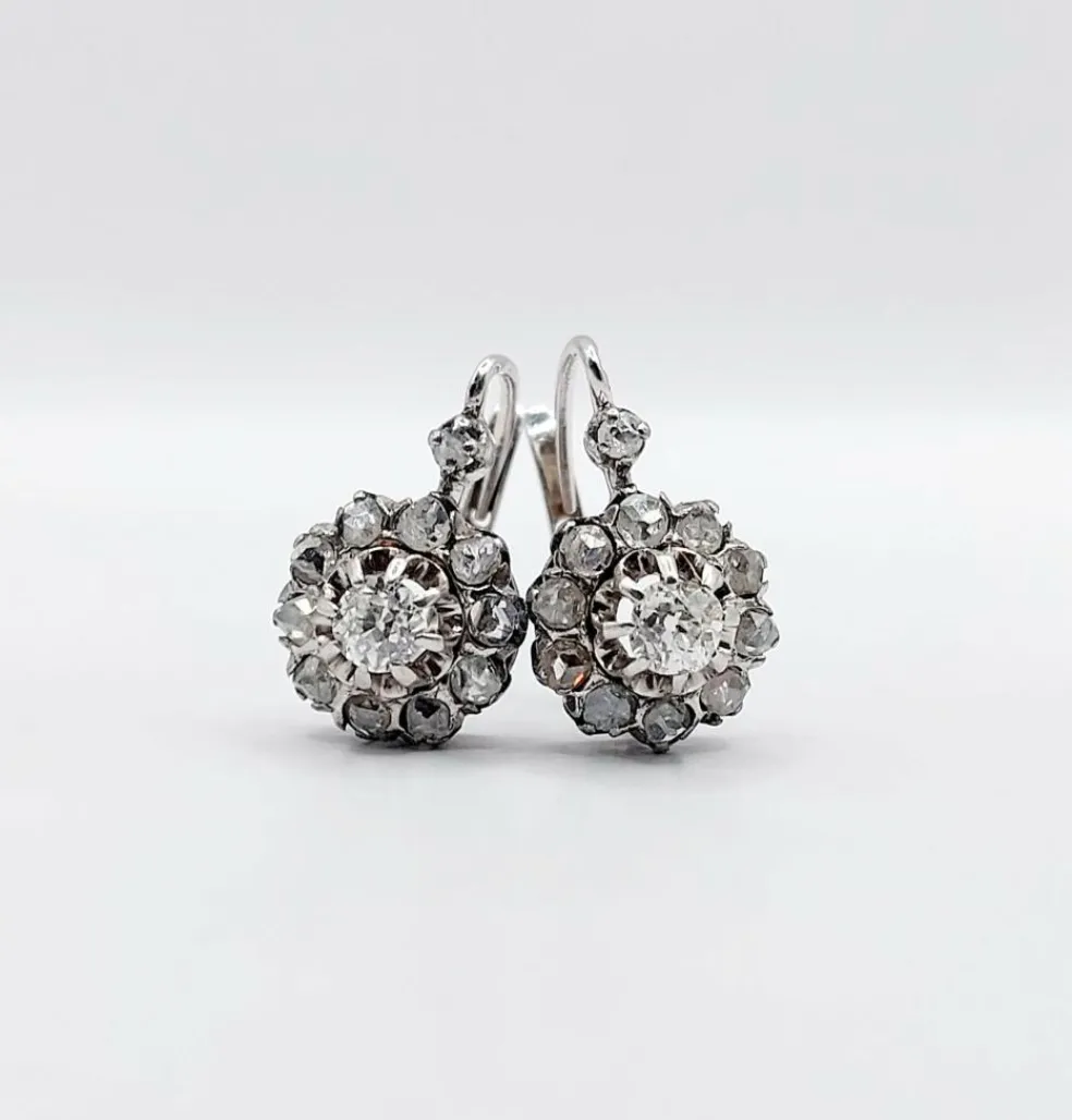 Dormeuses marguerite antique or blanc diamants