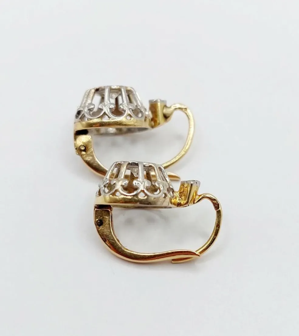Dormeuses or jaune , diamant taille ancienne sertis fleur de lys (1900)