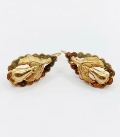 Dormeuses victoriennes XXL or jaune formant une feuille et un fruit finement ciselés (circa 1900)