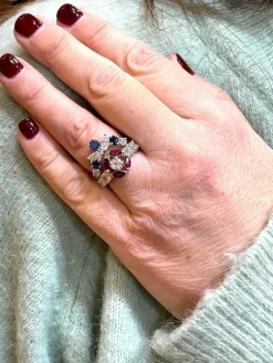 Duo de bagues or blanc diamants saphirs rubis