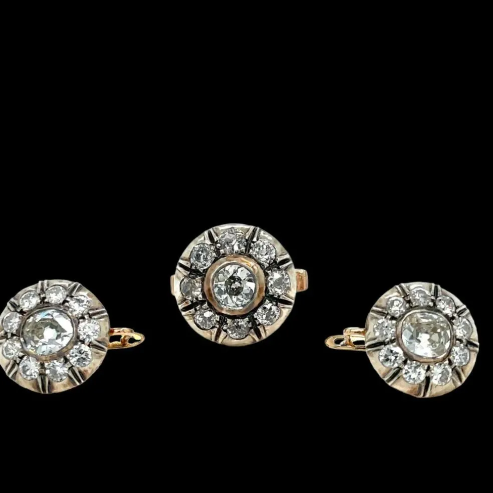 Ensemble bague et boucles d'oreilles victoriennes en or et argent avec diamants