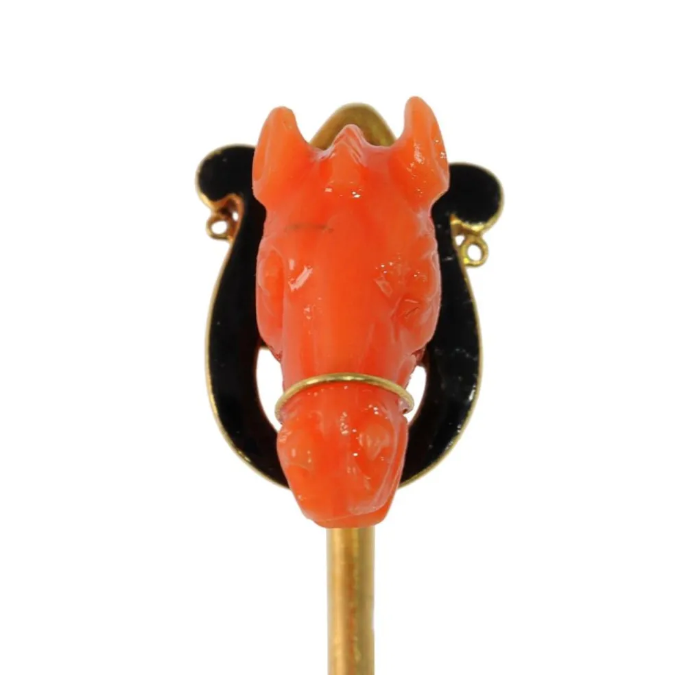 Epingle à cravate antique à tête de cheval en corail