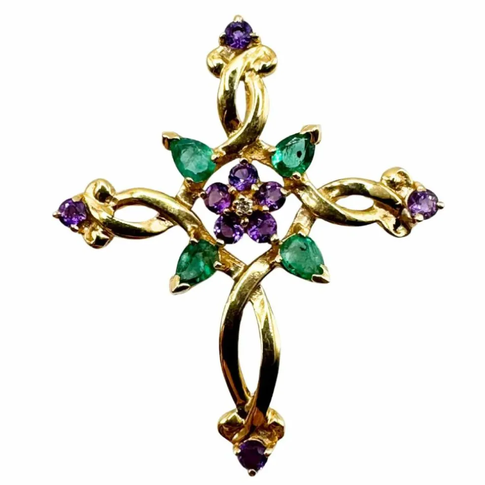 FRANKLIN MINT / Pendentif Croix Or Jaune 18k Diamant, Emeraudes & Améthystes