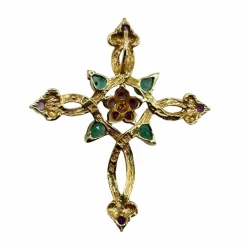 FRANKLIN MINT / Pendentif Croix Or Jaune 18k Diamant, Emeraudes & Améthystes
