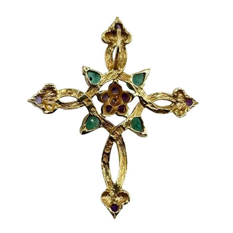 FRANKLIN MINT / Pendentif Croix Or Jaune 18k Diamant, Emeraudes & Améthystes