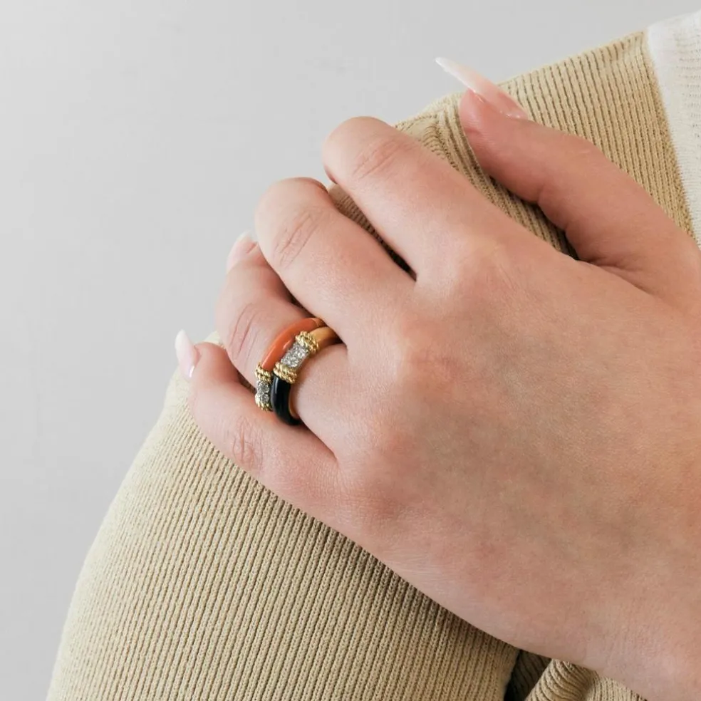 FRED - Bague Isaure deux joncs onyx, corail diamants
