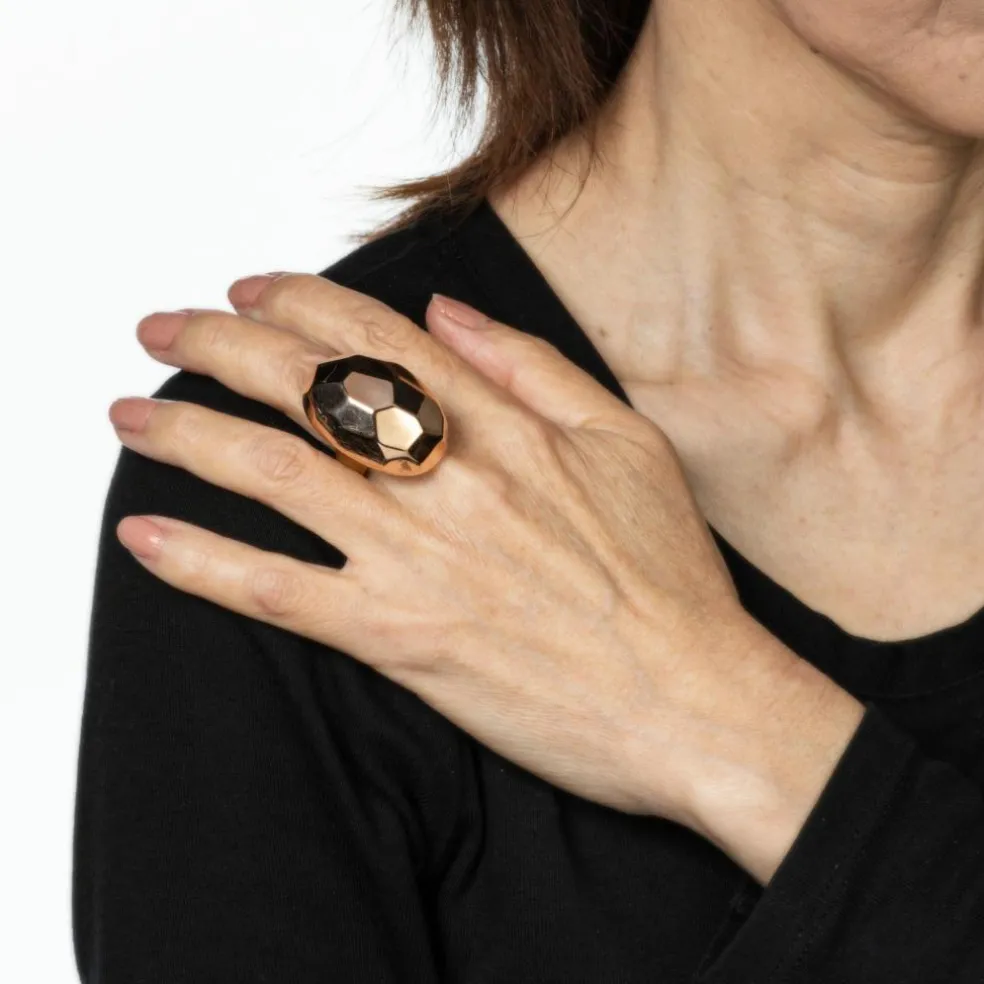 Grande bague cocktail à facettes 14 carats, or jaune rose bicolore