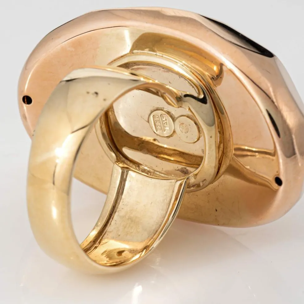 Grande bague cocktail à facettes 14 carats, or jaune rose bicolore