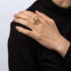 Grande Bague Lion Yeux Rubis Diamant Émail Bleu