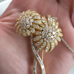 Importante Broche Florales Or 18 Carats et Diamants, Vintage