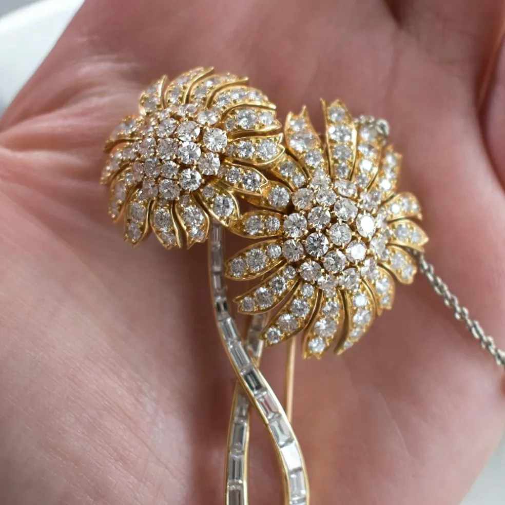 Importante Broche Florales Or 18 Carats et Diamants, Vintage
