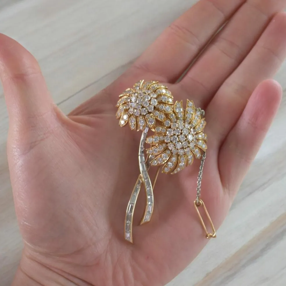Importante Broche Florales Or 18 Carats et Diamants, Vintage