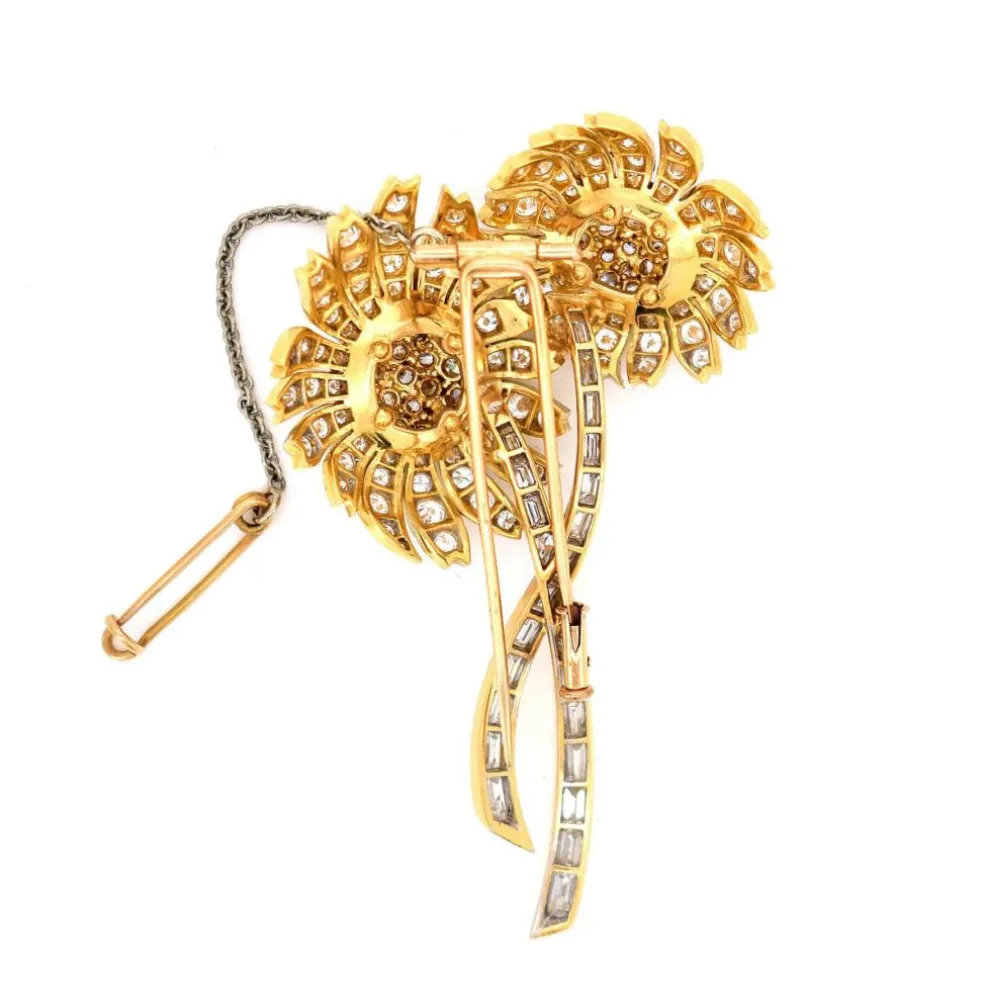 Importante Broche Florales Or 18 Carats et Diamants, Vintage