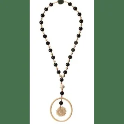 Long Sautoir Ivoire, onyx, Corail ancien