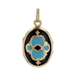 Médaille ancien en or émail noir et turquoise