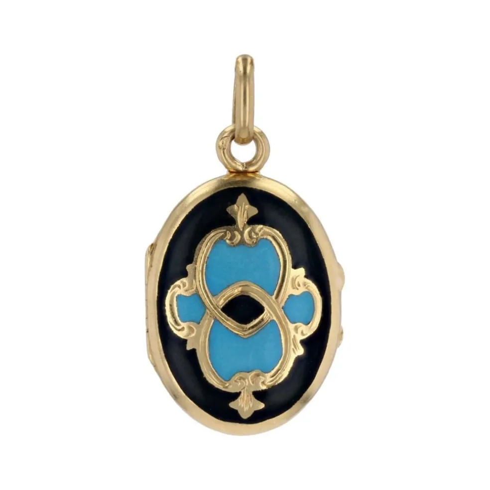 Médaille ancien en or émail noir et turquoise