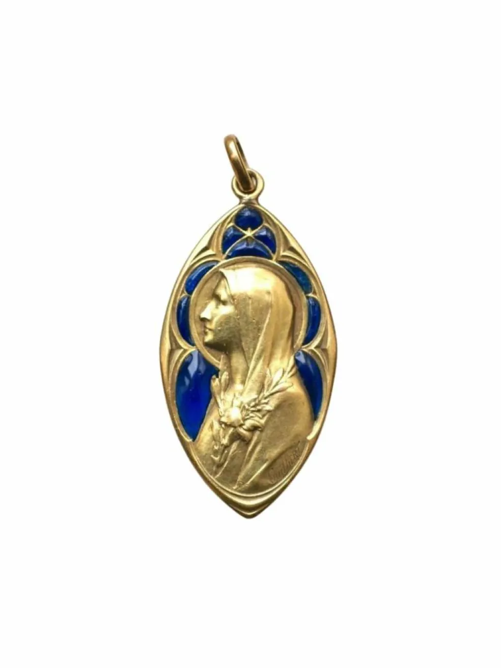 Médaille ancienne en or, Vierge Marie, et émail plique-à-jour