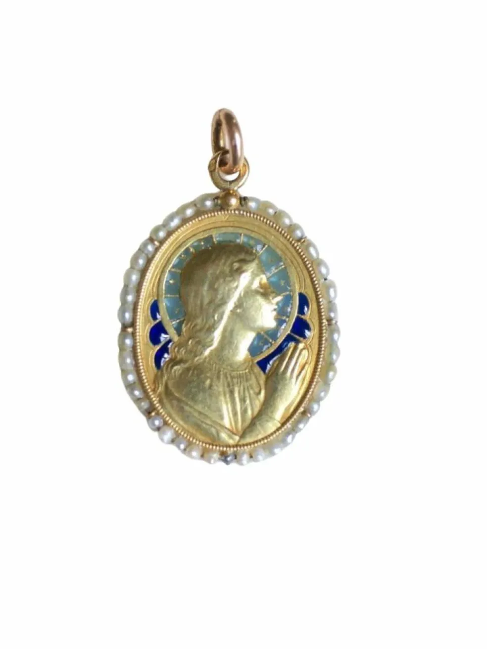 Médaille ancienne en or, Vierge Marie, émail et perles