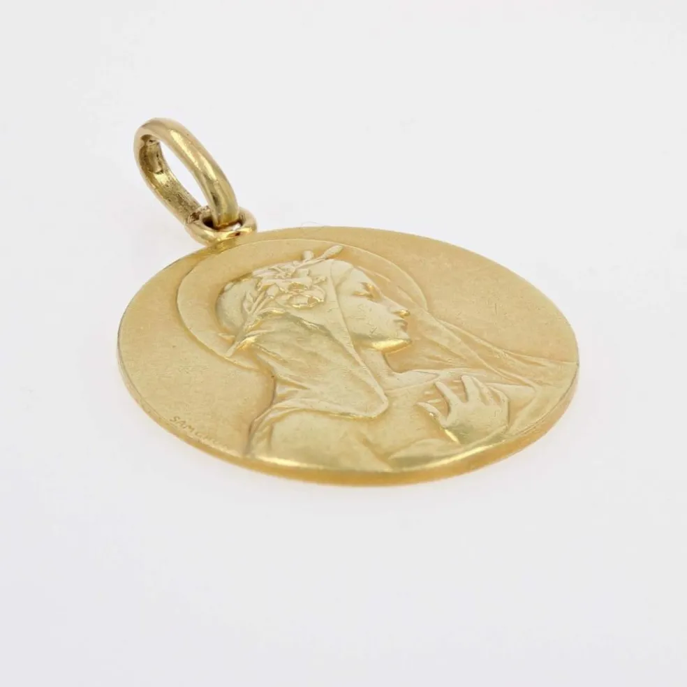 Médaille ancienne or jaune Vierge auréolée et fleur de lys