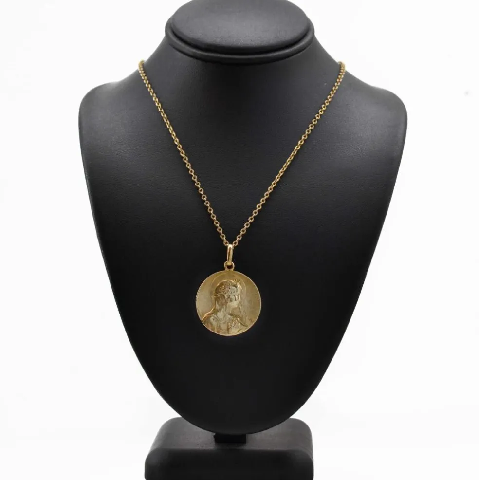 Médaille ancienne or jaune Vierge auréolée et fleur de lys