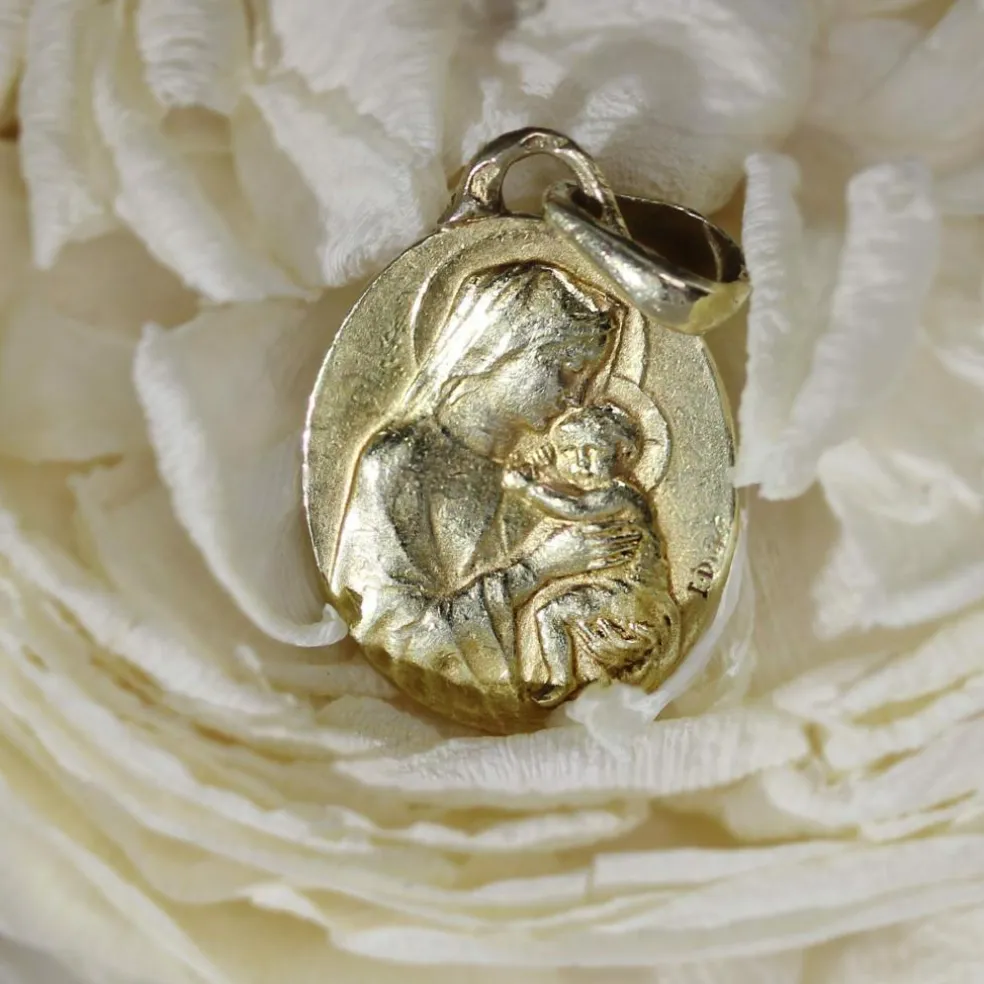 Médaille ancienne or jaune Vierge à l'enfant signée Dropsy