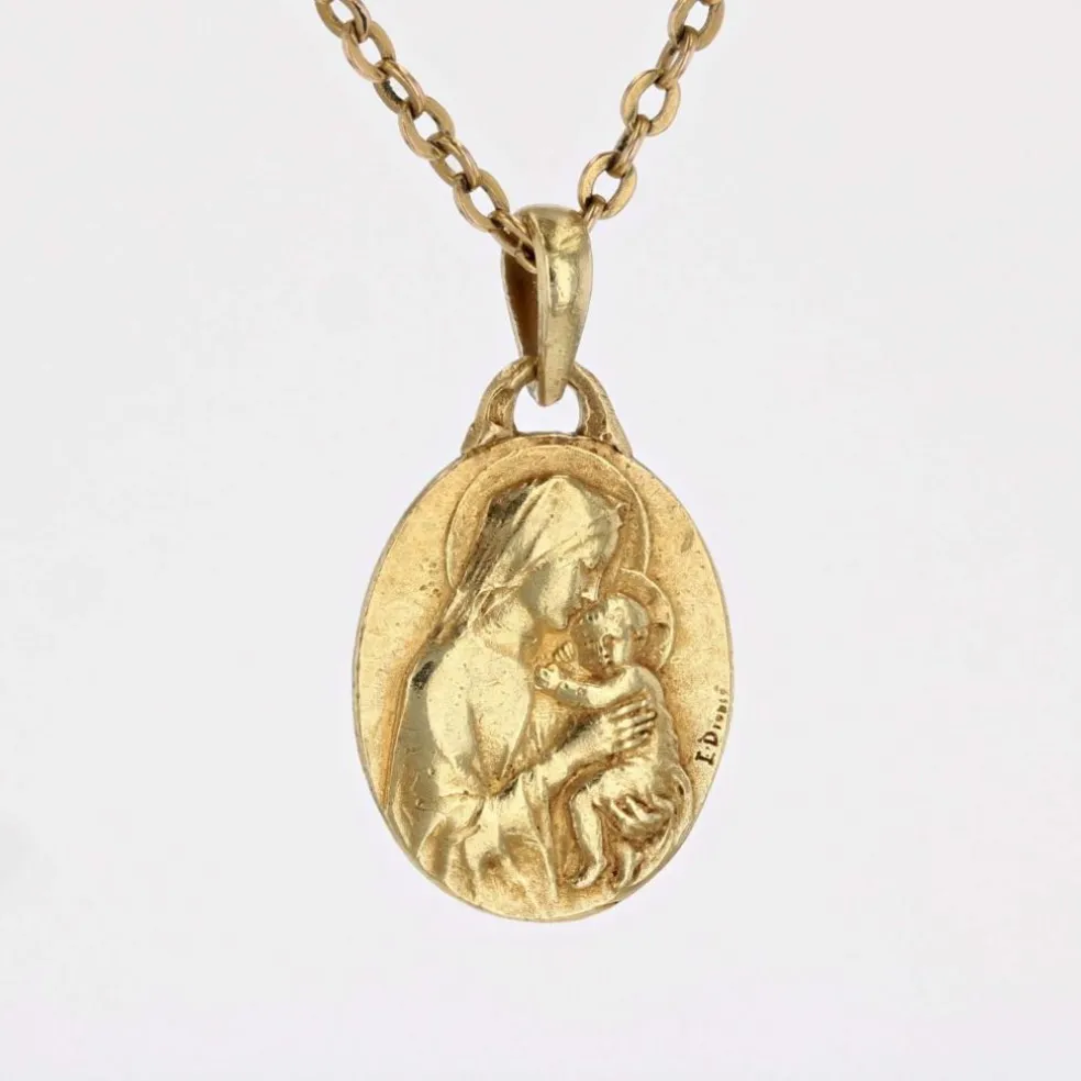 Médaille ancienne or jaune Vierge à l'enfant signée Dropsy