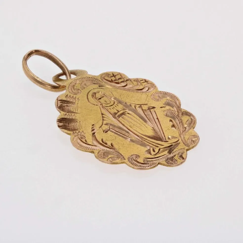 Médaille ancienne or rose polylobée ciselée Vierge miraculeuse