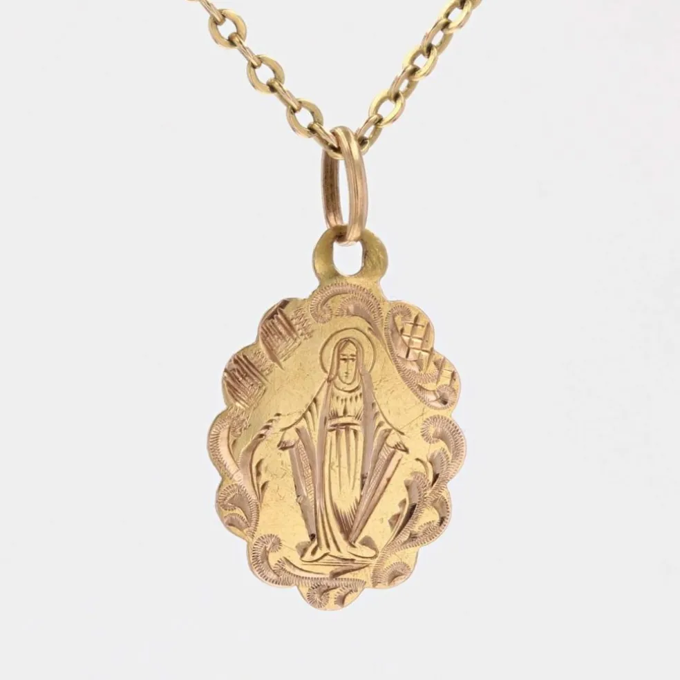 Médaille ancienne or rose polylobée ciselée Vierge miraculeuse
