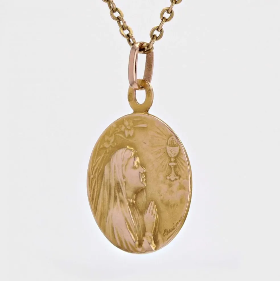Médaille ancienne Vierge en prière et calice