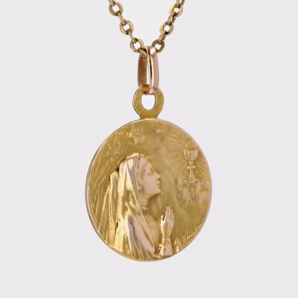 Médaille ancienne Vierge en prière et calice