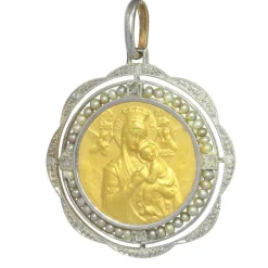 Médaille ancienne vintage en or 18 carats de style édouardien et art déco des années 1910 sertie de diamants et de perles Mère Marie Notre-Dame du Perpétuel Secours