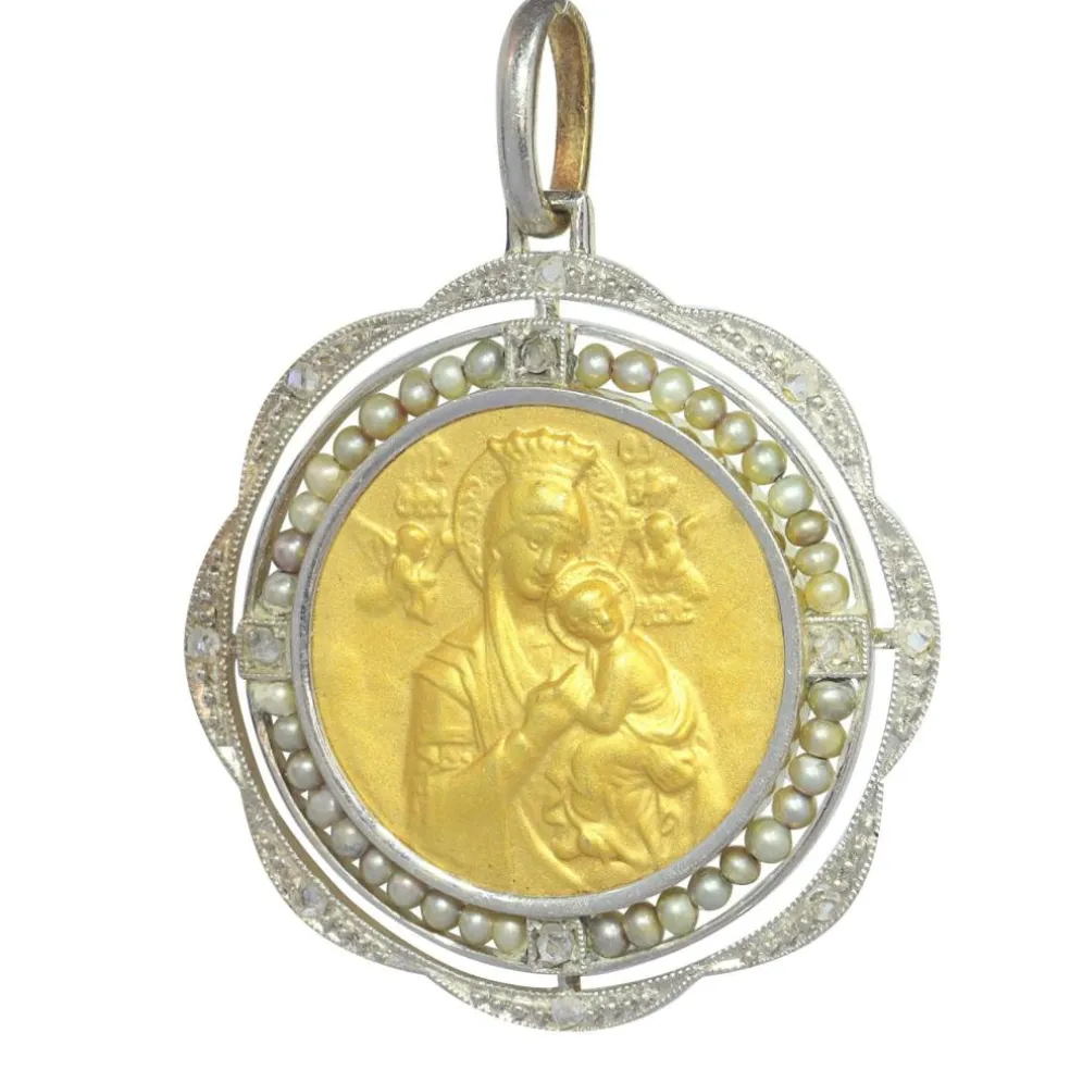 Médaille ancienne vintage en or 18 carats de style édouardien et art déco des années 1910 sertie de diamants et de perles Mère Marie Notre-Dame du Perpétuel Secours