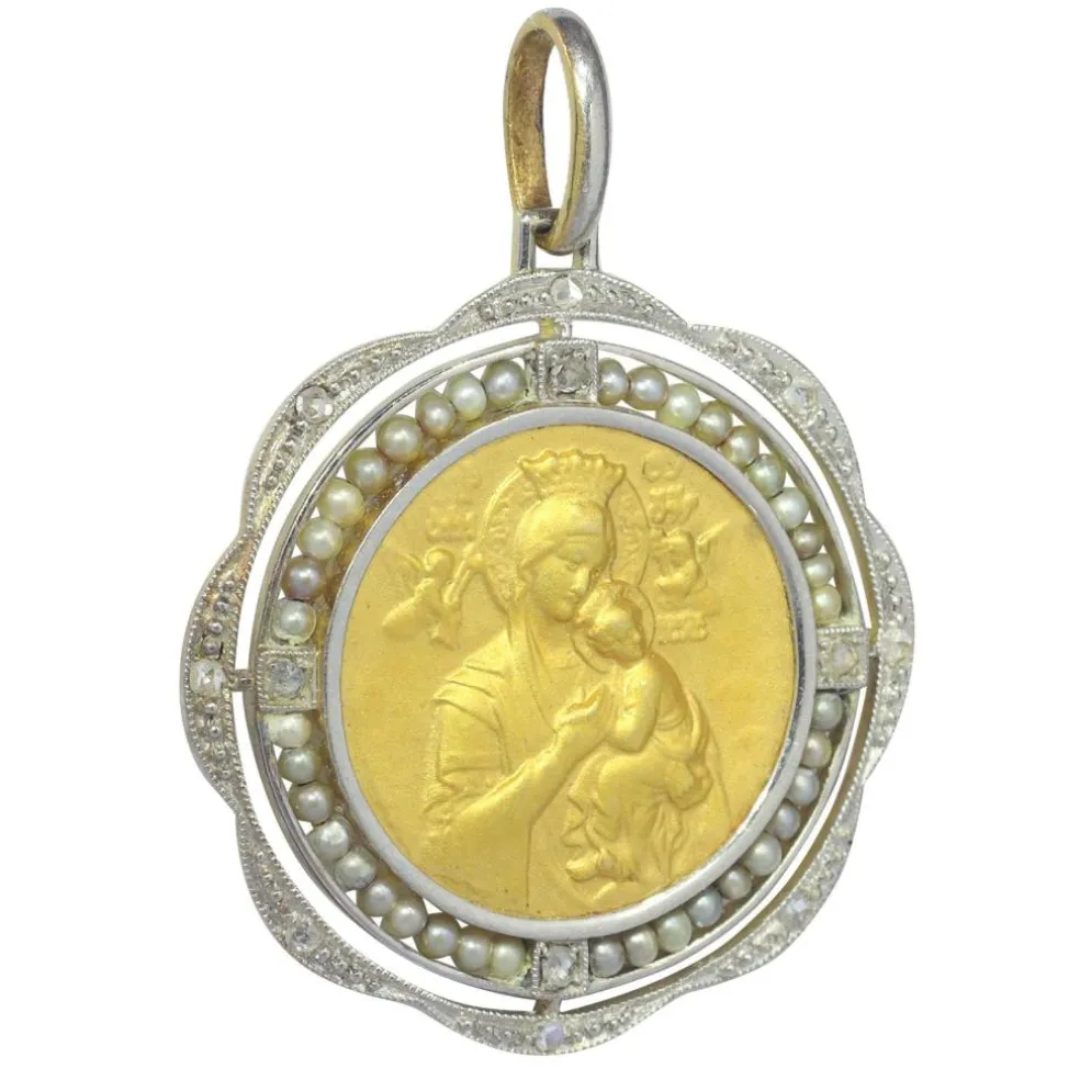 Médaille ancienne vintage en or 18 carats de style édouardien et art déco des années 1910 sertie de diamants et de perles Mère Marie Notre-Dame du Perpétuel Secours