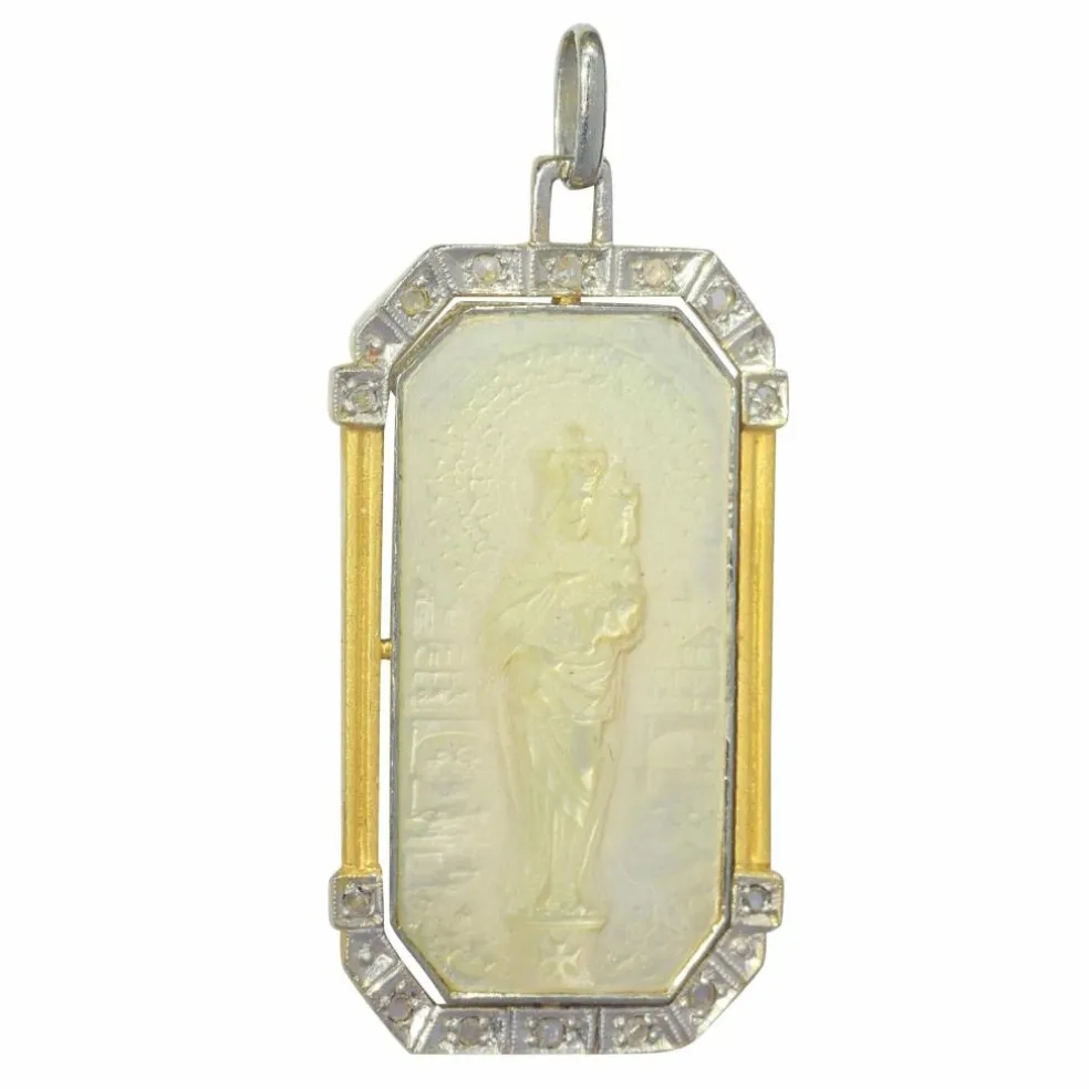 Médaille Art Déco Diamants Vierge Marie et l'enfant Jésus